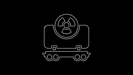 Poster - White line Radioactive cargo train wagon icon isolated on black background. Freight car. Railroad transportation. 4K Video motion graphic animation