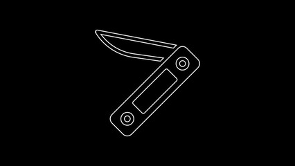 Wall Mural - White line Swiss army knife icon isolated on black background. Multi-tool, multipurpose penknife. Multifunctional tool. 4K Video motion graphic animation