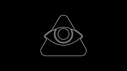 Poster - White line Masons symbol All-seeing eye of God icon isolated on black background. The eye of Providence in the triangle. 4K Video motion graphic animation