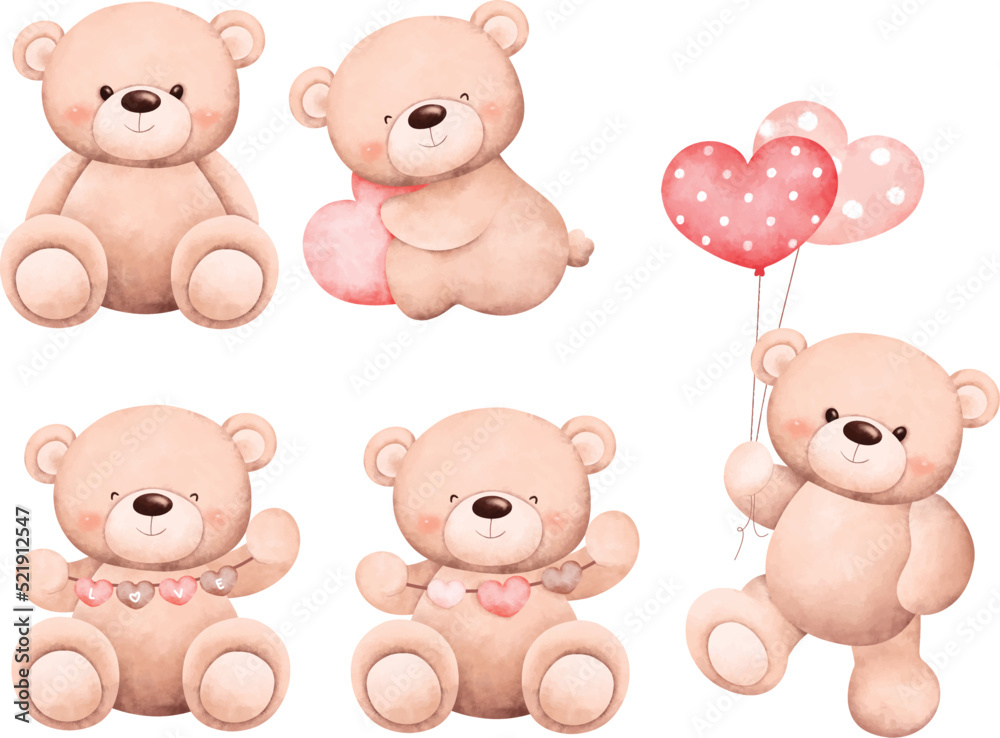 Watercolor Illustration set cute teddy bear Stock Vector | Adobe Stock