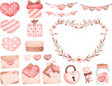 Watercolor Illustration set of love and heart elements 