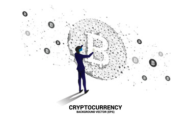 Poster - Silhouette man wear VR glasses with bitcoin icon from Polygon dot connect line. Concept for cryptocurrency technology and financial network connection.