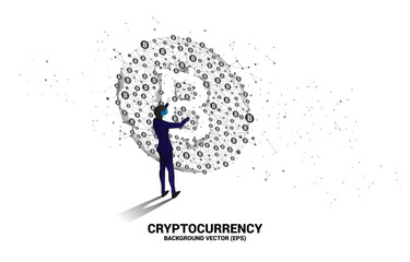 Poster - Silhouette man wear VR glasses with bitcoin icon from Polygon dot connect line. Concept for cryptocurrency technology and financial network connection.