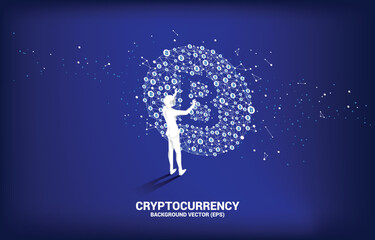 Poster - Silhouette man wear VR glasses with bitcoin icon from Polygon dot connect line. Concept for cryptocurrency technology and financial network connection.