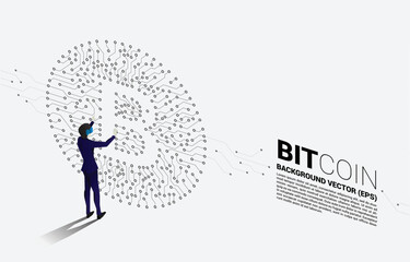 Poster - Silhouette man wear VR glasses with circuit board style dot connect line. Concept for cryptocurrency technology and financial network connection.