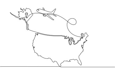 Wall Mural - Continuous one line drawing of airplane flight routes in the United States from New York alaska . airplane flight route icon with starting point location and single line trail in doodle style