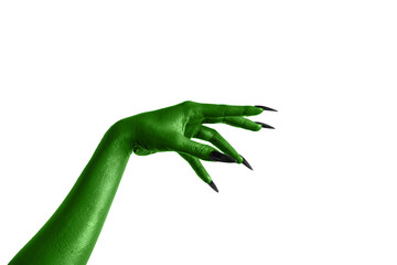 Halloween green color of witches, evil or zombie monster hand isolated on white background.