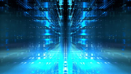 Poster - Digital interior building Hi tech Abstract data center server tonel. Business technology blurred Polygonal geometric digital cyberpunk space, color light. 3D render