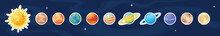 Flat Sun And Solar System Planets Art Patch Set, Cartoon Space Objects Vector Label, Comic Celestial Body Design Sticker Collection On Blue Cosmic Background For Science Game Graphic Illustration