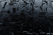 Detail Of A Futuristic  Machine. 3D Illustration Of A Futuristic Wall Made Of Various Details. Cyberpunk Background. Industrial Wallpaper. Grunge Details