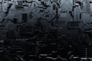 Aufkleber - Detail of a futuristic  machine. 3D illustration of a futuristic wall made of various details. Cyberpunk background. Industrial wallpaper. Grunge details