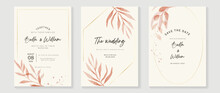Luxury Fall Wedding Invitation Card Template. Watercolor Card With Gold Line Art, Leaves Branches, Foliage. Elegant Autumn Botanical Vector Design Suitable For Banner, Cover, Invitation.
