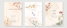 Luxury Fall Wedding Invitation Card Template. Watercolor Card With Gold Line Art, Leaves Branches, Foliage. Elegant Autumn Botanical Vector Design Suitable For Banner, Cover, Invitation.
