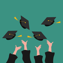 Simple Vector Illustration Background About A Group Of College Students Throwing Their Cap Into The Air To Celebrate Their School Graduation. Undergraduate Education Concept. Modern Design Vector