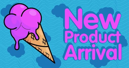 Poster - Ice Cream with New Product Arrival text. Colorful animated dancing summer sweet food cartoon. 4k resolution animation, moving image.