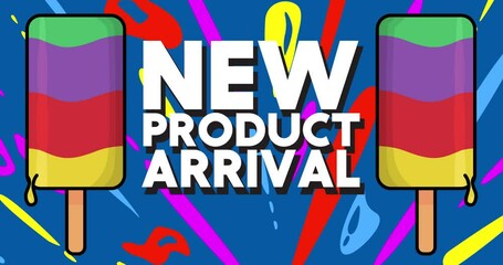 Poster - Ice Cream with New Product Arrival text. Two colorful animated summer sweet food cartoon. 4k resolution animation, moving image.