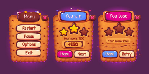Poster - Cookie game interface cartoon set. Vector illustration of ui elements, menu, player level score, win, lose banners and options buttons. Creative collection of mobile and computer app window design