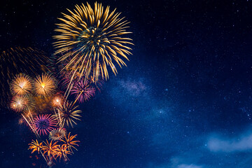 Wall Mural - fireworks with blur milky way background
