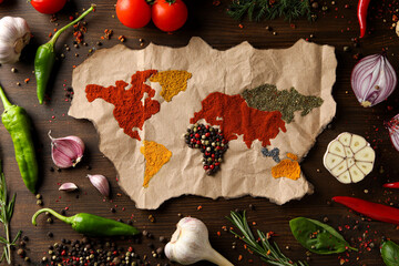 Wall Mural - Map of world made from different kinds of spices