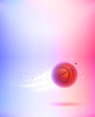 Poster - Neon glowing flying basketball ball. 3d vector vecrtical banner with copy space