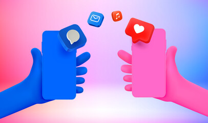 Poster - People using smartphones for file sharing. 3d vector illustration with holographic effect