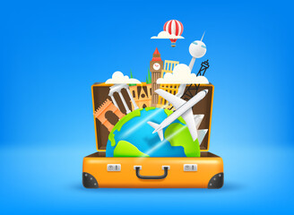 Poster - Season travel concept with suitcase and famous world sights. Vector 3d illustration