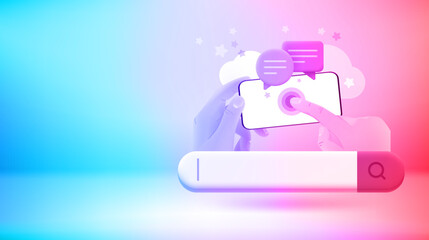 Aufkleber - Chatting via modern smartphone. Hands holding smartphone and tapping on the screen. Vector 3d banner with copy space