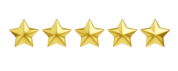 five golden stars 3d render illustration for customer review concept. positive client experience con