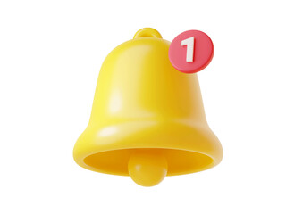 Wall Mural - Notification bell icon 3d render - cute cartoon illustration of simple yellow bell for reminder or notice concept. Symbol for attracting attention or to indicate new information and message.