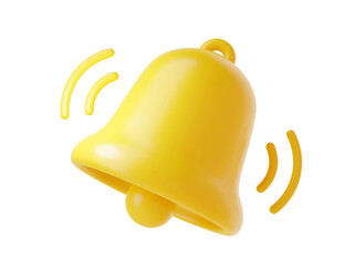 Wall Mural - Notification bell icon 3d render - cute cartoon illustration of simple yellow bell for reminder or notice concept. Symbol for attracting attention or to indicate new information and message.