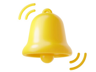 Wall Mural - Notification bell icon 3d render - cute cartoon illustration of simple yellow bell for reminder or notice concept. Symbol for attracting attention or to indicate new information and message.