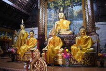Golden Buddha Image Inside The Main Chapel Of Wat Buddha-En In Mae Chaem District, Chiang Mai, THAILAND.