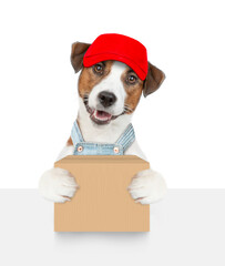 Poster - Jack russell terrier puppy wearing overalls and red cap holds big box above empty white banner. isolated on white background