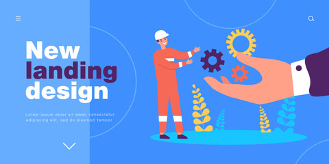 Poster - Businessmans hand giving gears to tiny technical worker. Man receiving maintenance support for industry flat vector illustration. Development concept for banner, website design or landing web page
