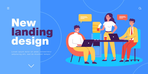 Poster - Coffee break of business people sitting at table with laptops. Male and female employees working in office flat vector illustration. Meeting concept for banner, website design or landing web page