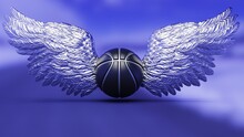 Black Basketball With The Metallic Silver Wings Under White-blue Lighting Background. 3D Illustration. 3D High Quality Rendering.