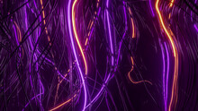 Bright Purple And Orange Neon, 3D Metallic Levitating Hair, Render Futuristic Background, Modern Illustration, Curved Structure Design Element, Three Dimensional Render, Dark Bg