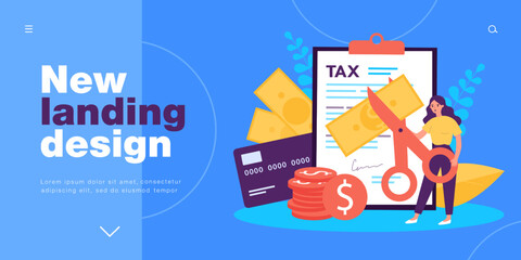 Wall Mural - Employee holding scissors to cut banknotes. Reduction of income due to tax deduction for tiny woman flat vector illustration. Taxation, debt concept for banner, website design or landing web page
