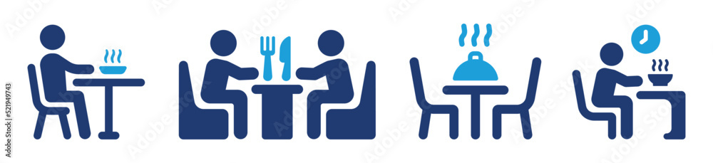 People eating in the restaurant icon set isolated on white background. Dinner table symbol.