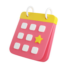 Calendar With Marked Date 3d Render Illustration. Pink Floating Organizer With Rings, Yellow Bound And Noted With Star Day For Event Or Holiday Planning Concept