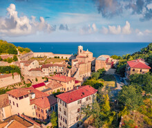 Captivating Summer View From Flying Drone Of San Gregorio Illuminatore Catholic Church. Marvelous Morning Cityscape Of Ancona Town, Italy, Europe. Traveling Concept Background..