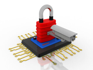 Poster - 3d rendering lock protected microchips under CCTV camera
