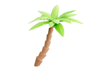 Palm tree on sand 3d render - tropical plant with green leaves, brown trunk and grass for beach vacation and summer travel concept. Cartoon exotic beach tree for sea illustration.