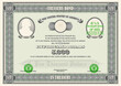 Vector fictional 5000 US dollar treasury bond. Vintage frame with a pattern. Green bank seals. Banknote in the amount of five thousand dollars. Madison