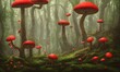 Fly agaric mushrooms grow in a forest clearing. Fabulous magic mushrooms in a dark forest. Fantastic wonderland landscape to the fairy tale 