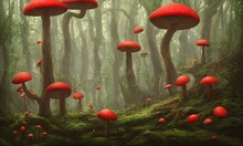Fly Agaric Mushrooms Grow In A Forest Clearing. Fabulous Magic Mushrooms In A Dark Forest. Fantastic Wonderland Landscape To The Fairy Tale "Alice In Wonderland". 3d Illustration