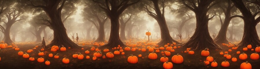 Wall Mural - Halloween pumpkins are lying in the forest under the trees. Panorama of a fabulous forest on the eve of Halloween. 3d illustration