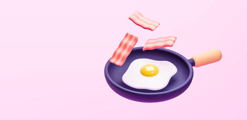 3D render fried egg in a cast iron skillet isolated on pink background vector illustration. Breakfast and home cooking concept.