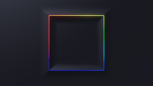 Minimalist Tech Background With Extruded Square And Rainbow Illuminated Edge. Black Surface With Embossed 3D Shape. 3D Render.