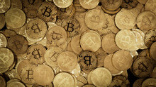 Bitcoin Cryptocurrency Represented As Gold Coins. Future Money Background. 3D Render.